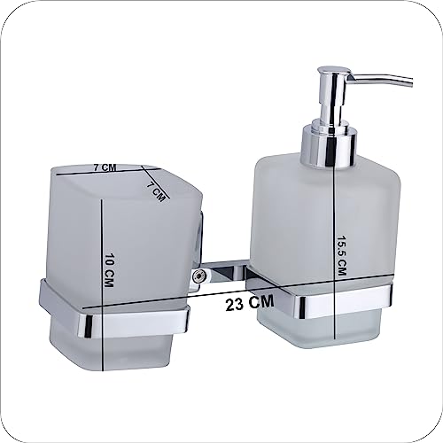 Image of Stainless Steel Toothbrush Holder with Glass Tumbler & Liquid Soap Dispenser Set - Wall Mounted 2-in-1 Bathroom Organizer, Chrome Finish (Square /Frosted Glass) (E 2712)