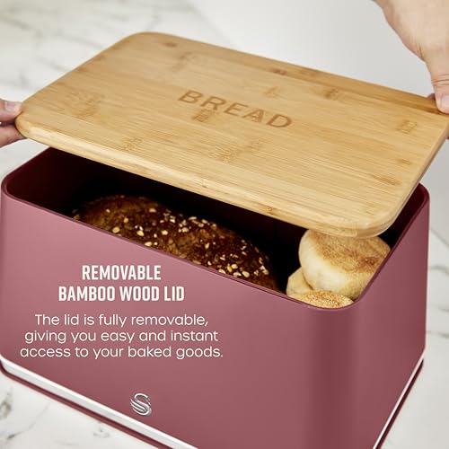 Swan Nordic SWKA18523FUS Bread Bin with Iron Body, Non-Slip Base, Stylish Soft Touch Matt Finish and Acacia Wood Pull Up Lid, 16L, Fuchsia Rose - Cosy Home Interiors Swan Nordic SWKA18523FUS Bread Bin with Iron Body, Non-Slip Base, Stylish Soft Touch Matt Finish and Acacia Wood Pull Up Lid, 16L, Fuchsia Rose - Image 4