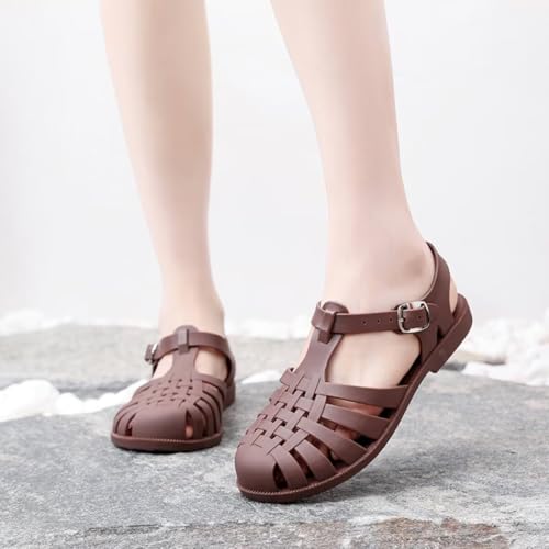 LUXINYU Women Jelly Sandals Adjustable Buckle T-Strap Round Toe Slingback Bling Flats Summer Fisherman's Sandal Glitter Rain Shoes3
