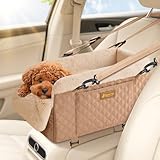 QUMY Dog Car Seats for Small Dogs Up to 11lbs, Portable Center Console Dog Booster Seat, Multi-Purpose Puppy CarSeat with Adjustable Safety Belt, Travel Pet Car Carriers for Small Dogs and Cat, Khaki