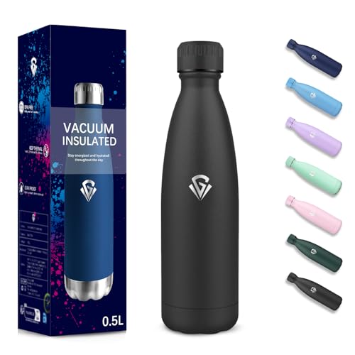 Borraccia Termica, 500 ml Senza BPA, Borraccia, Isolamento Sottovuoto a Doppia Parete, Borracce Acciaio Inox, 304 Acciaio Inossidabile, Bottiglia Termica per Scuola, Viaggi, Jogging, Campeggio - Nero