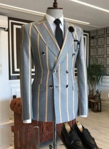 Men's Stripe Double Breasted Buttons Blazer Peak Lapel Business Casual Coat2