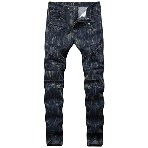 Maiyifu-GJ Men's Destroyed Ripped Stretch Jeans Distressed Multi Pockets Biker Denim Pants Slim Zipper Moto Jean Trousers (Dark Blue 7,36)