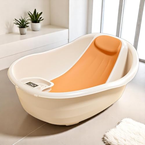 Image of CRADLEVE Baby Bathtub with Temperature Sensor, Anti-Slip Design, Infant Bath Tub with Spine Support Rack, BPA-Free, Comfortable Bath for Newborns, 0-18 Months, (Orange)