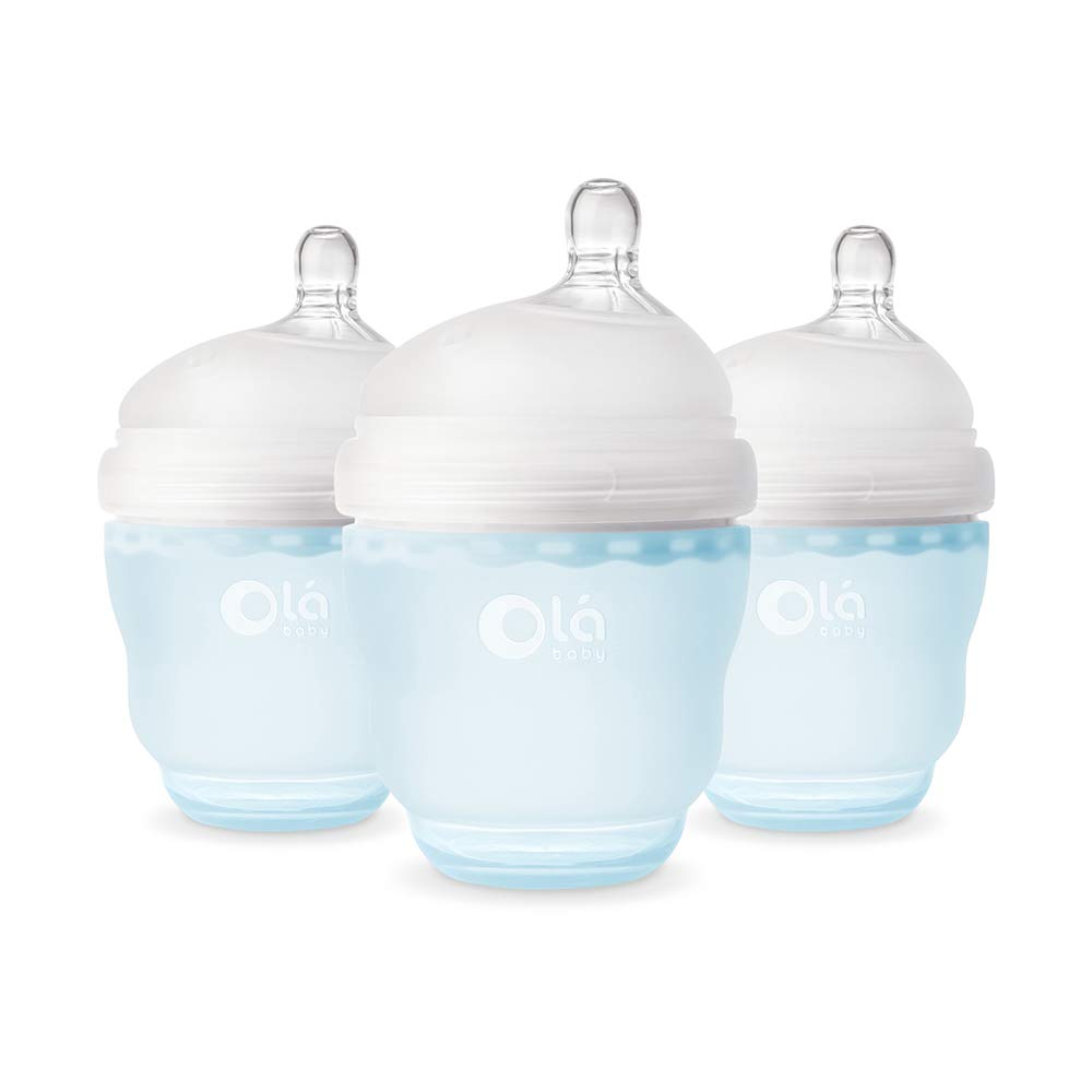 Olababy Gentle Silicone Baby Bottle, Anti-Colic, BPA Free, Easy to Clean and Wide Neck Baby Bottles Best for Breast Feeding Babies 3 Piece Set (4 Ounce, Sky)