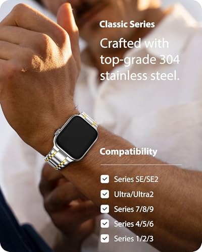 Image of Fullmosa Metal Bands with Case [Watch NOT Included] Compatible with Apple Watch Strap 46mm (Series 10 /11), Steel Apple Watch Band for iWatch Series 10 11,46mm（S11 /10,Silver and Gold