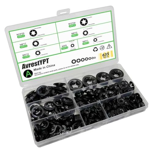 635PCS Internal Tooth Star Lock Washers, M3 M4 M5 M6 M8 M10 M12 Quick Speed Locking Washers Assortment Kit, Steel Black Oxide Finish Push on Locking Washer, Fasteners Assortment Kit