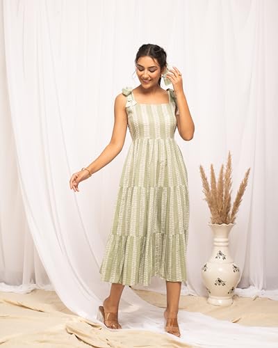 Image of FIORRA Women's Fit And Flare Knee Length Cotton Block Printed Western Knee-Length Dress