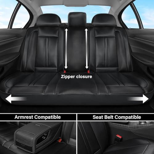 Image of Coverado Leather Car Seat Covers Full Set & Carbon Fiber, Waterproof and Durable All Weather Protector, Universal Fit for SUV, Pickup Truck, Sedan, Automotive Vehicle Interior, Black