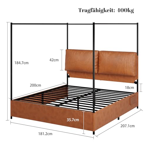 Worletty Polsterbett,doppelbett,bettgestell,High-End-leichte,mit Zwei Leder-Weichkissen, Metallschette, ausgestattet mit 4 abnehmbaren, zweizweckigen Lederbett, kein Boxfeder (180 * 200cm) – Bild 3