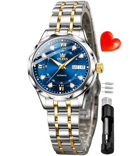 Image of OLEVS Womens Diamond Watches Automatic Mechanical Gold Luxury Dress Ladies Self Winding Original Stainless Steel Wrist Watch