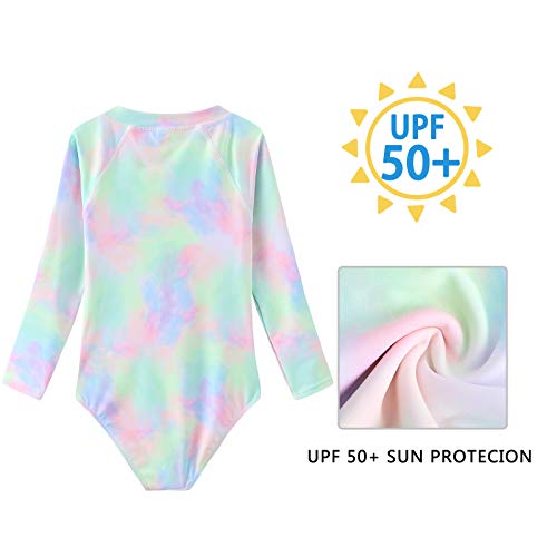 Image of Moon Tree Girls One Piece Swimsuits Long Sleeve Rash Guard Zipper Front Bathing Suit UPF 50+