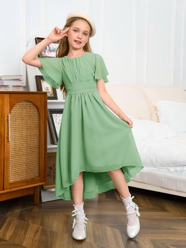 Haloumoning Girls Flowy Ruffle Sleeve Dress Kids A-Line Swing Wedding Party High Low Hem Junior Bridesmaid Dress2