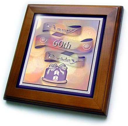 3dRose ft_24378_1 Ribbon and Cake Happy 60th Birthday Framed Tile, 8 by 8-Inch