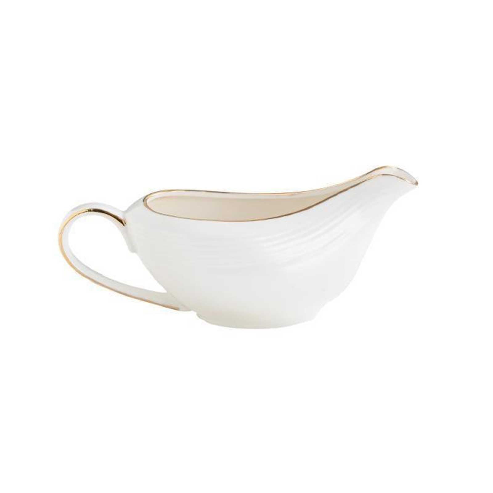 Elegante salsiera in porcellana bianca da 209,8 g, con bordo dorato e manico ergonomico, ideale per salse, condimenti per insalata, latte e altro ancora