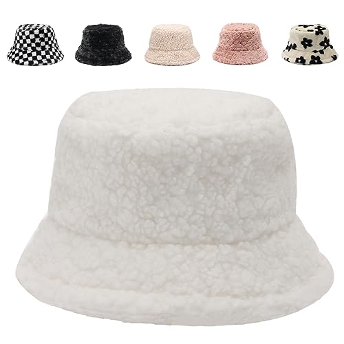 Image of Bucket Hat Women Furry Fuzzy Bucket Hats for Ladies, Winter Warm Fluffy Plush Faux Fur Hat for Women