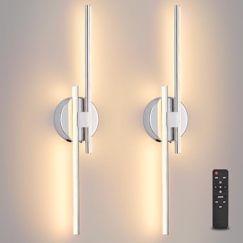 Image of Rechargeable Battery Operated Wall Sconce Set Of Two, Chrome Wireless LED Wall Sconces With Remote Control, Dimmable 3 Colors Cordless wall lights for Living Room, bedroom, Hallway, 23.6 Inch ( 2pcs)