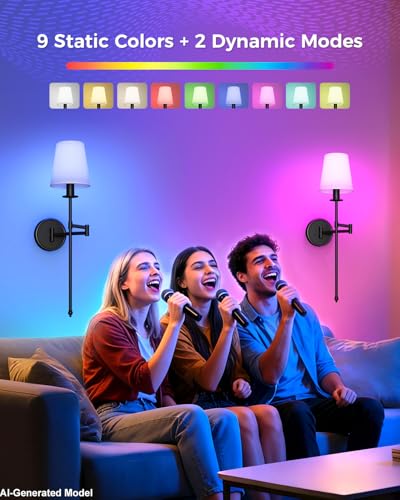 Image of Joosenhouse Black Wireless Wall Sconces Set of 2, Battery Operated Wall Lights with Remote Control, 9 RGB Color Options, 24.8 inch Dimmable Wall Lights for Hallway, Bedroom, Living Room