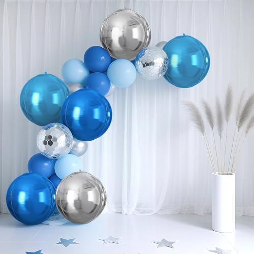 Image of 9 Pcs Blue Silver Round Foil Balloons,22 Inch Round Balloons | Blue Silver Giant 4D Round Ball Balloons For Birthday Graduation Retirement Baby Shower Party Decorations