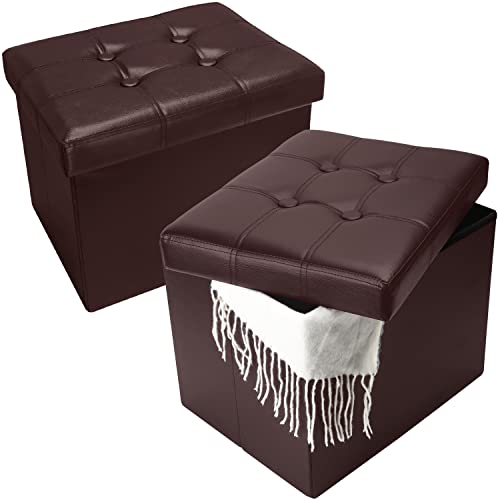 Image of Bsketa Storage Ottoman Bench, 17 inch Folding Leather Foot Rest, Brown 2 Pack | Ottoman with Storage, Thicker Foam Padded Seat, Living Room, Dorm, Bedroom, Load 330 lbs, Easy to install, 17x13x13in