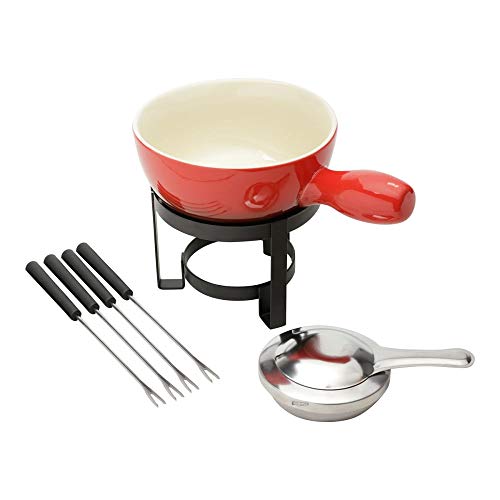 Conjunto para Fondue de Queijo Lyor de Ferro e Cerâmica Vermelho - 8 peças