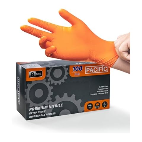PACIFIC PPE Orange Nitrile Gloves Industrial Disposable Gloves, 8 Mil, Latex-Free, Fully Raised Diamond Texture, Food Safe, Large, 100 Count Cover