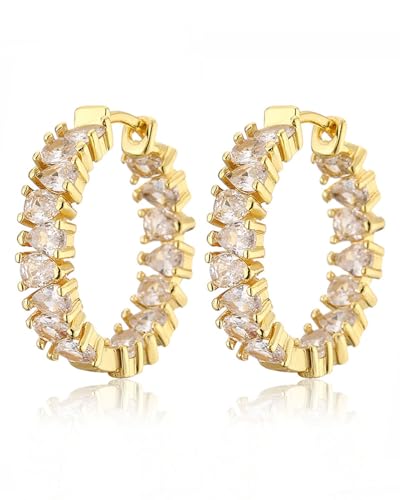 TPZORJX 1 par de aros grandes de circonita cúbica chapados en oro- pendientes de aro de plata de ley, de plata y oro, para niñas y mujeres (oro)
