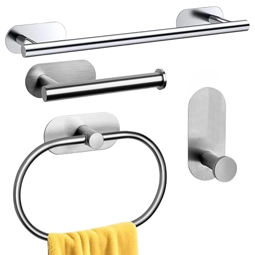Image of JIALTO Bathroom Towel Holder | 4 Pcs Wall Mounted Bathroom Clothes Hanger with Adhesive Hooks | Towel Rod | Tissue Paper Holder | Bathroom Fittings Rod & Towel Stand (Silver, 4 - Pieces Set)