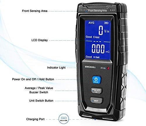 ERICKHILL EMF Meter, cyfrowy elektromagnetyczny czujnik promieniowania pola elektronicznego detektor ręczny cyfrowy LCD EMF, świetny Tester do inspekcji domowych, biura, na zewnątrz i polowanie na