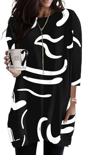 Image of Poetsky 3 4 Sleeve Womens Boho Tops Plus Size Sexy Tunic Shirts Loose Fit Color Gradient Print Blouses Dressy 2026 Casual Black & White L