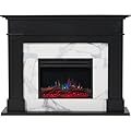 Cambridge Sofia 53-in. Freestanding Fireplace Mantel in Black with White Marble Inlay and Log Display, Electric Heater Insert with Color Changing Flames for Living Room, Bedroom