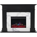 Cambridge Sofia 53-in. Freestanding Fireplace Mantel in Black with White Marble Inlay and Log Display, Electric Heater Insert with Color Changing Flames for Living Room, Bedroom