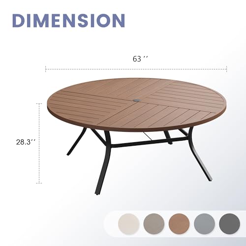Image of VICLLAX 63 inch Round Outdoor Table, Patio Dining Table for 8-10 with Umbrella Hole for Garden Lawn Deck Backyard, Walnut