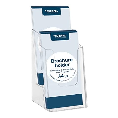 Europel 2-Tier Leaflet & Brochure Holder for 1/3 A4 Size Literature Clear Acrylic Construction Booklet, Flyer Menu Display Dispenser Office, Restaurants Reception Portrait |, 350105 Cover