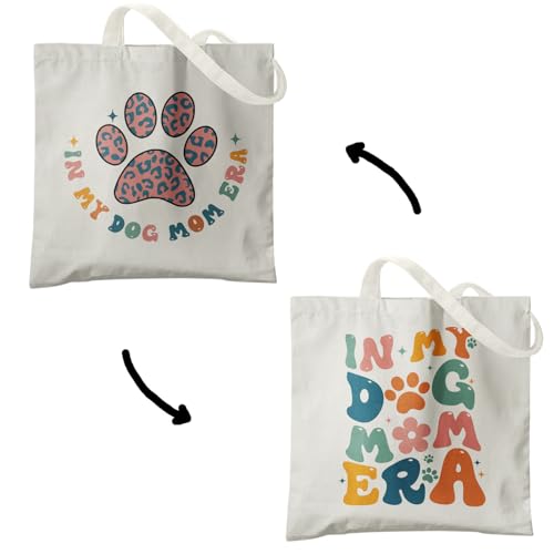 Veqzc Dog Mom Canvas Tote Bags for Women, Groovy in My Dog Era Tote Bag, Reusable Shopping Bags, White