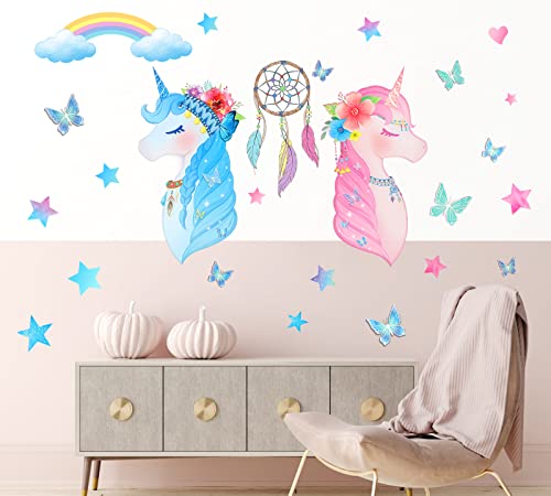Unicorn Bedroom Decor for Girls, Unicorn Wall Decals, Playroom Decor, Rainbow Dreamcatcher Butterfly Wall Stickers for Bedroom Kids Nursery Birthday Party Decoration