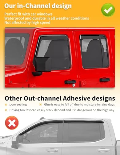 Image of Window Rain Guards for Jeep Wrangler JL 2018-2026 /Jeep Gladiator 2020-2026 | Saleago,in-Channel,Extra-Thick,Extra Durable,Window Visors,Window Deflectors,Vent Visors,Vent Shades,Car Accessories,PC