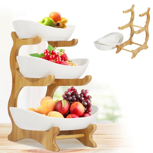 3 Layer Multi-Layer Ceramic Fruit Plate with Bamboo Frame, Storage Rack for Fruits, Vegetables & Sushi (White)