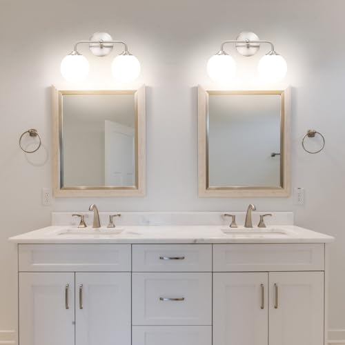 Image of Modern Brushed Nickel 2-Lights Bathroom Vanity Lights, Bathroom Lighting Fixtures Over Mirror with Milk White Globe Glass Shade, Elagant Wall Sconces for Dressing Table Bedroom Living Room