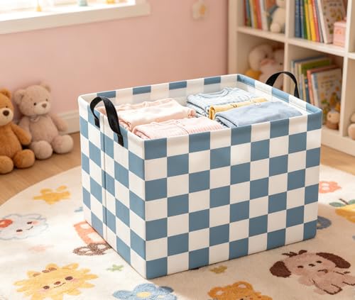Image of Rectangular Kids Basket Baby Girl Basket Fabric Storage Bin Organizer Box Room Decor(Blue Checkered)