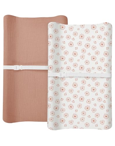 Image of Changing Pad Cover for Baby Boy Girl 2 Pack, Muslin Changing Table Pad Covers with Boho Style, Neutral Nursery Bedding Essentials Soft and Breathable(Dusty Rose & Flower-A)
