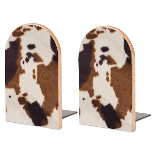 Velumair Western Cow Print Bookends for Shelves Decorative Book Ends to Hold Books 2 PCS Farm Animal Skin Wooden Bookends Non-Skid Book Stoppers 6.7