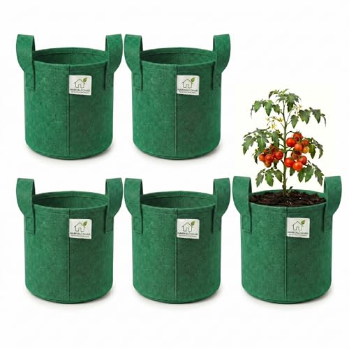 Image of 400 GSM Geo Fabric Round Grow Bags 10x10 Inch with Handle, Green Planting Bags for Terrace and Kitchen Gardening Pack of 5
