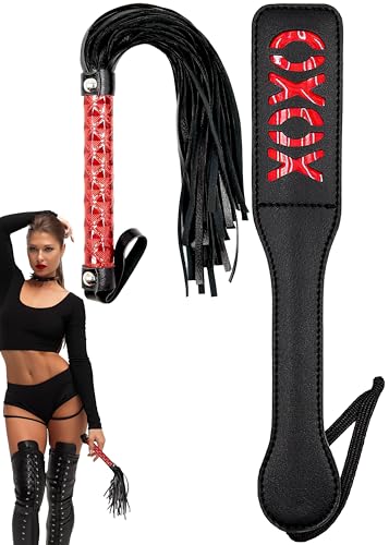 Image of Black Flogger Whip 18 inch Adult Spanking Paddle 12 inch - BDSM Sex Set - Flogger Spanking Sex Soft - Sex Paddles for Spanking - Adult BDSM Flogger Paddle Set