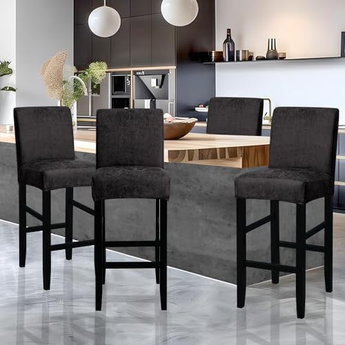 Forcheer Bar Stool Chair Cover With Backs Set Of 4 Faux Leather Dining Chair Slipcovers Cafe Barstool Slipcover Square Removable Furniture Chair Seat Cover Elastic Bottom thumb #1