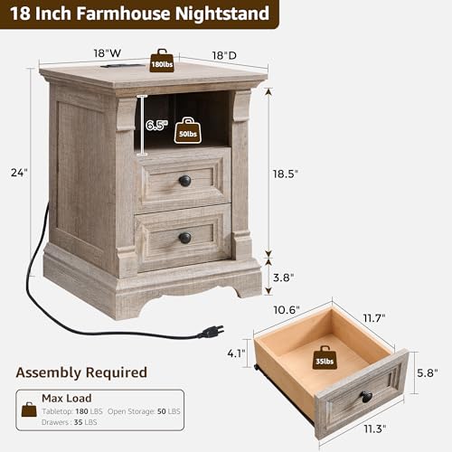 Image of Nightstand Set of 2, 18 inch Wood Side Table with Charging Station Roman Column
