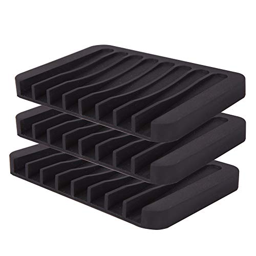 Ruihe Soap Dish Waterfall Soap Holder Drainer Tray for Shower/Bathroom/Kitchen/CounterTop, Keep Bars Dry Cleaning Easy Flexible Silicone 3 Pack (Black)