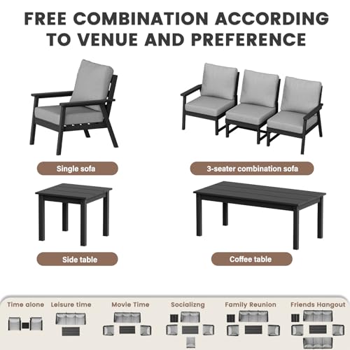 Image of LOUNZY HDPE Patio Conversation Set, 3 pcs Sectional Outdoor Furniture Set, All Weather Outdoor Couch Set Patio Furniture Set for Deck, Lawn, Black