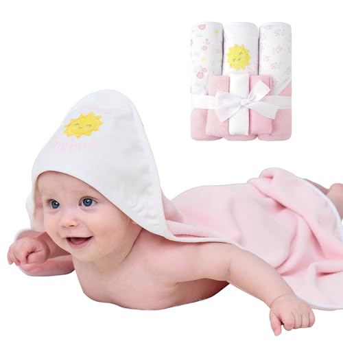 Image of Viviland Baby Towels and Baby Wash Cloths Set Hooded Baby Towels Baby Wipes Absorbent Bath Face Towels Burp Cloths or Face Towels for Girl Boy 6-Pack Size 28 x 28 Inch(Sunshine)