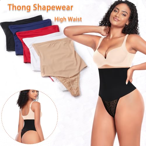 Image of Werena Tummy Control Thong Shapewear for Women Mid High Waisted Body Shaper Underwear Lace Shaping Thong Girdle Panties